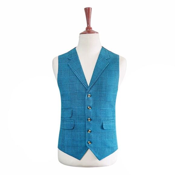 Mens 46R Wool Vest Turquoise Blue Glen Plaid Check Waistcoat Formal Wedding